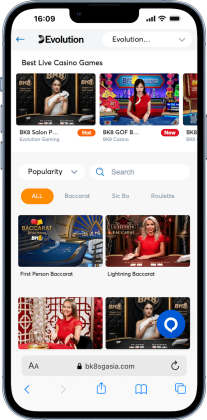 A mobile screenshot of the BK8 Singapore online casino showing the game lobby