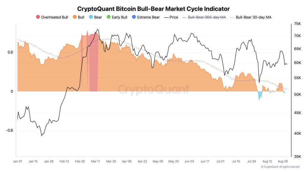 The BTC market cycle indicator is again in the Bear phase (light blue area). 