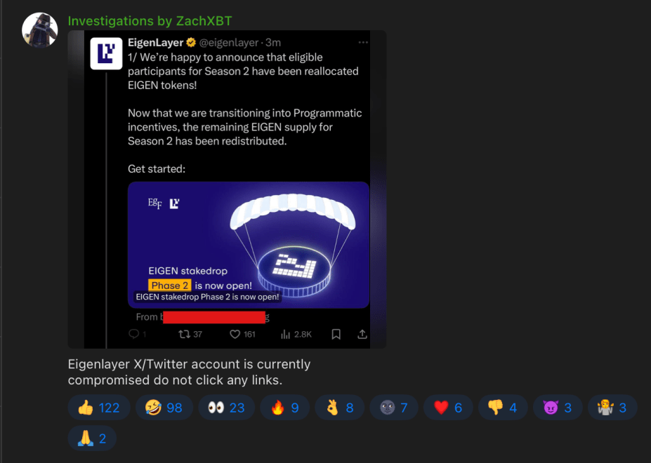 EigenLayer’s X Account Hijacked To Promote Fraudulent Airdrop