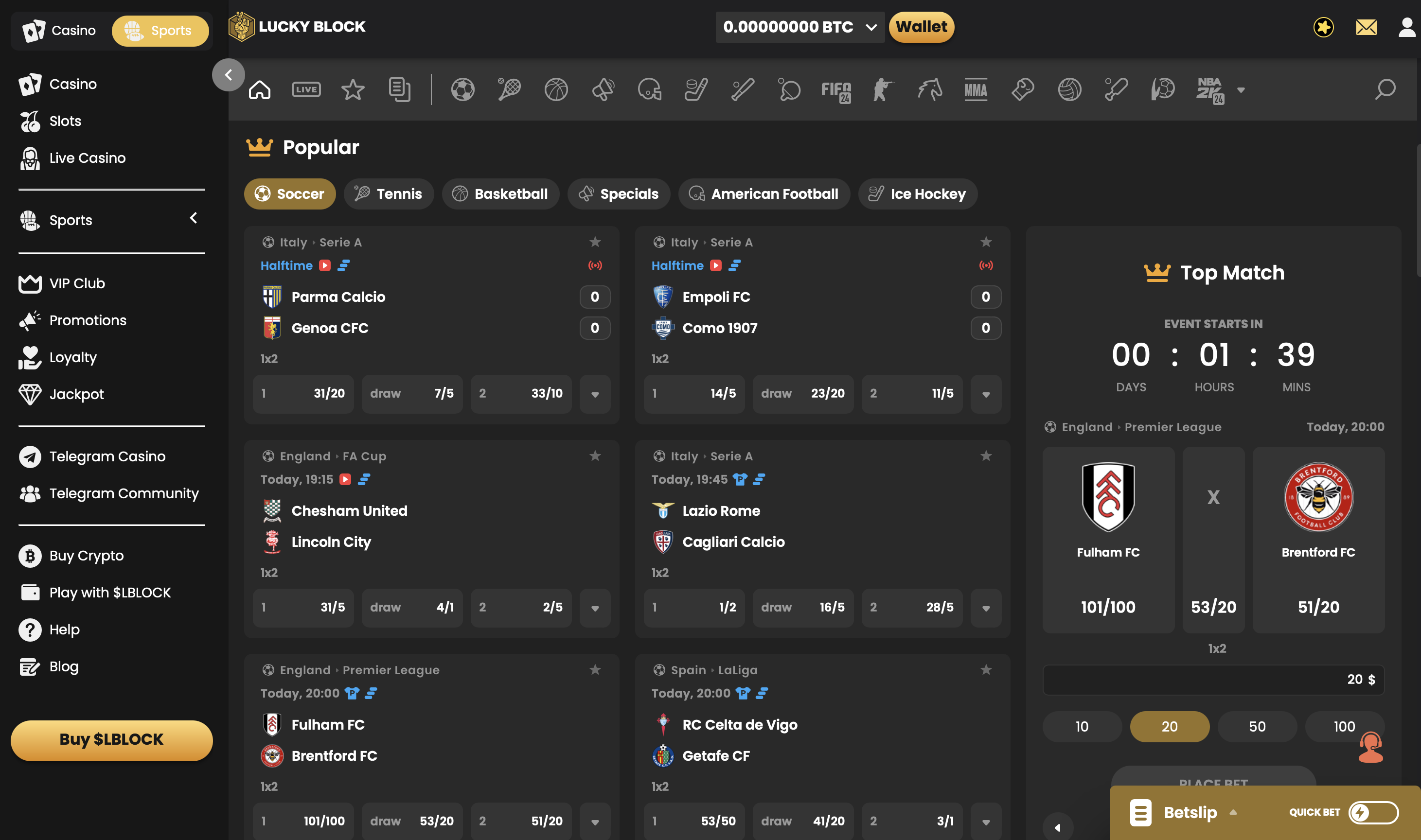  bitcoin betting sites - Lucky Block main betting page