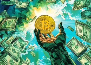 a hand holding a crypto coin with lots of banknotes falling down around