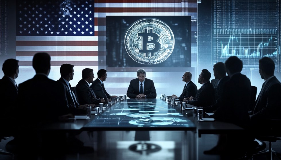 アメリカ国旗とビットコインシンボルを背景に、会議を行うアメリカ人