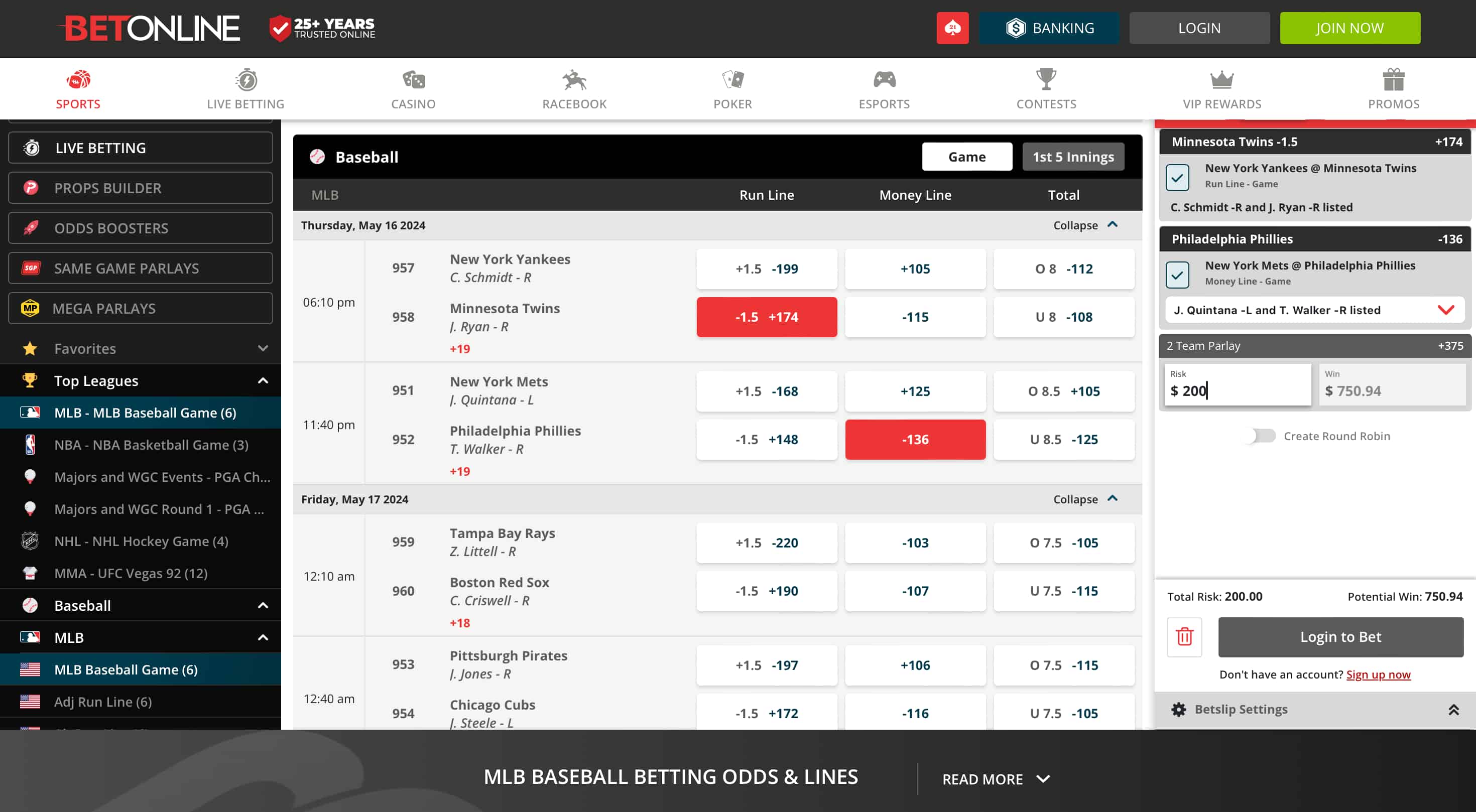 BetOnline MLB odds