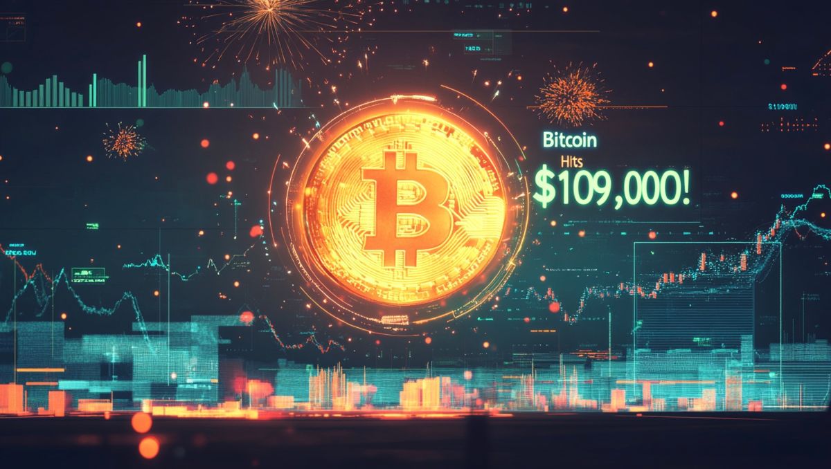 ビットコインのシンボルやチャート、109000ドルの数値が表示されたデジタルボード