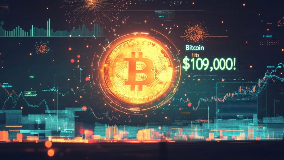 ビットコインのシンボルやチャート、109000ドルの数値が表示されたデジタルボード