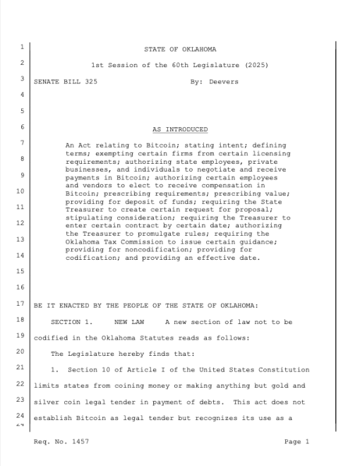 Bitcoin Freedom Act Launched by Oklahoma Senator