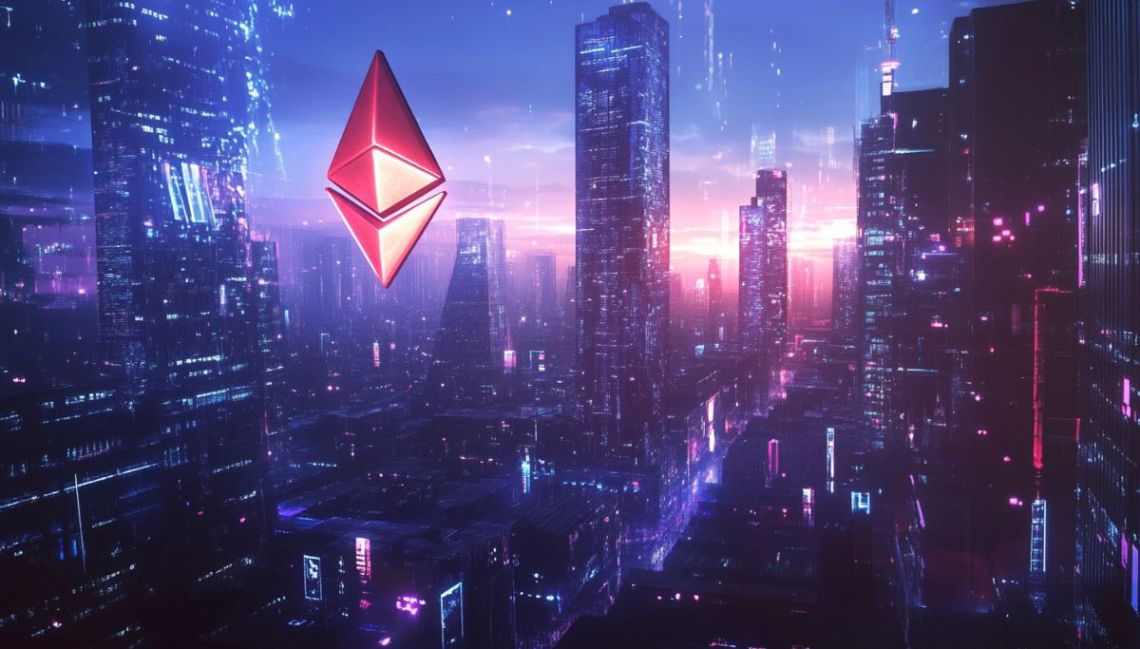 近未来都市の上空に浮かぶイーサリアムのシンボル