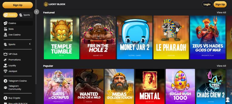 An image of the featured slots at Lucky Block Litecoin gambling site
