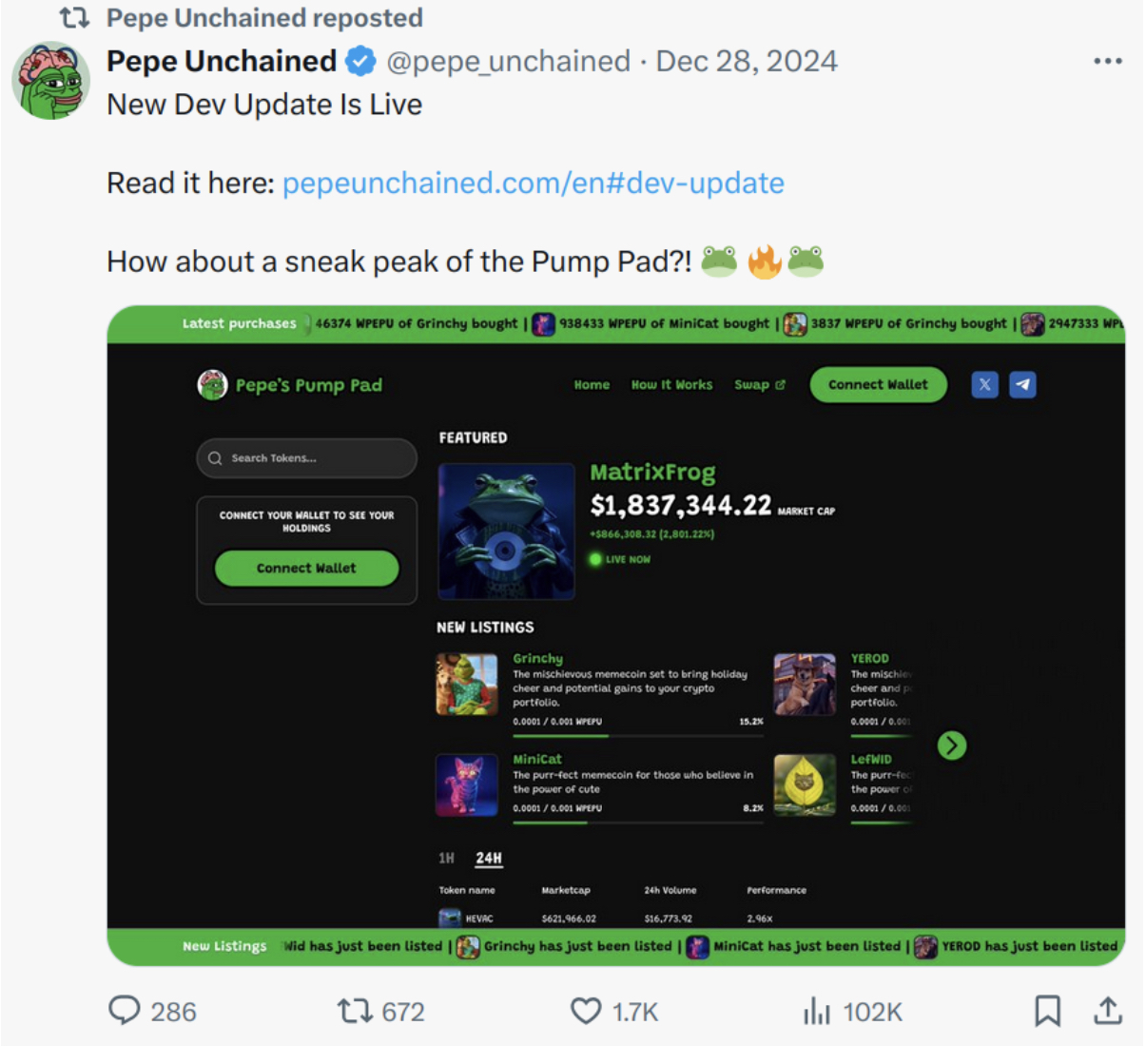Pepe Unchained post on X