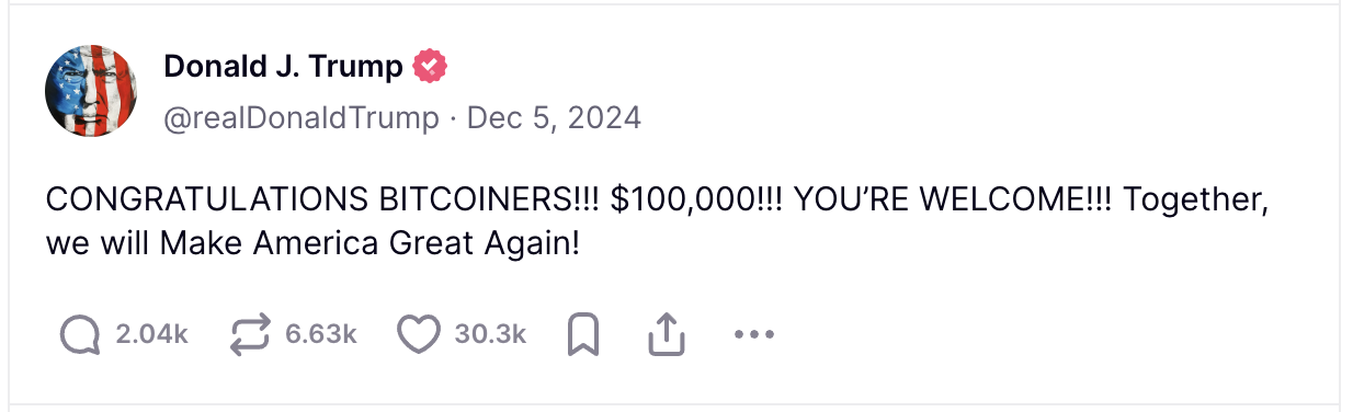 Donald Trump acknowledges Bitcoin reaching the $100K milestone on his Truth Social platform