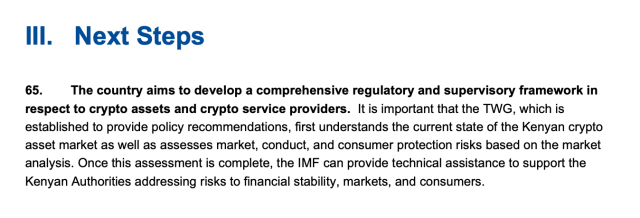 IMF statement on Kenyan Crypto regulations. 