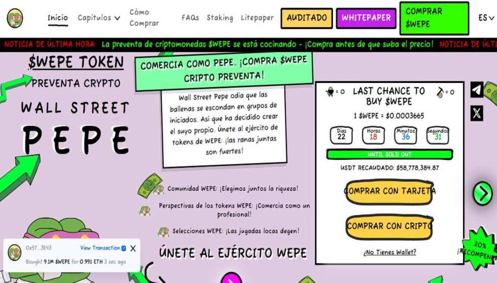 Crece el FOMO y la preventa de $WEPE recauda más de 3 millones en 72 horas, superando los 58,6 millones de dólares