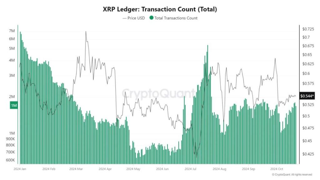 Graf celkového počtu transakcí XRP Ledger v průběhu roku 2024 a jeho cenový vývoj