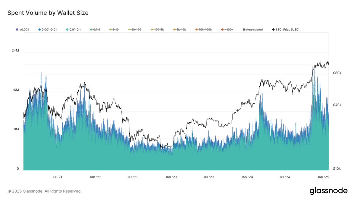 Bitcoin Spent Volume by Wallet Size | Source: Glassnode on X