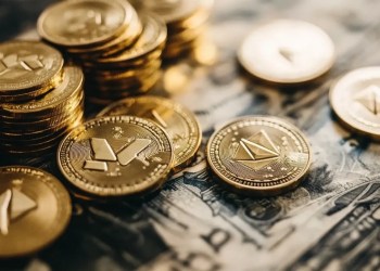 新聞の上に広がる複数の仮想通貨