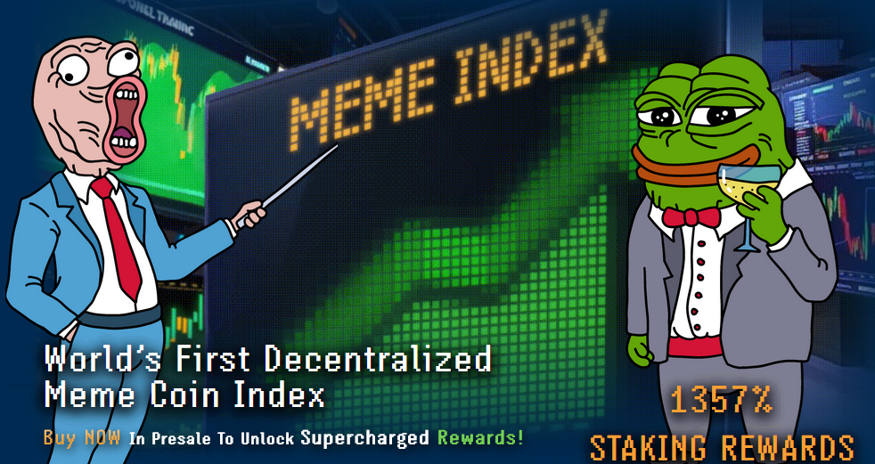 ضفدع بيبي يحمل كأساً وشخص آخر يشير إلى شاشة عليها اسم Meme Index