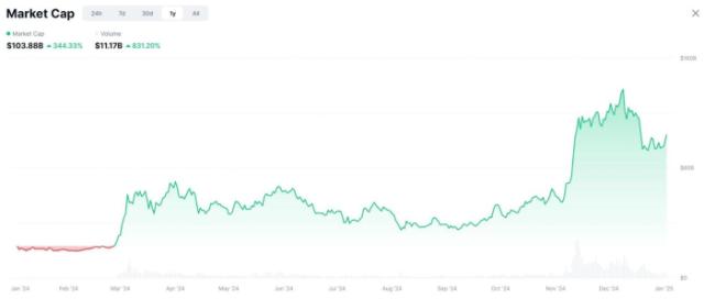 Meme coin market cap up 344% throughout 2024