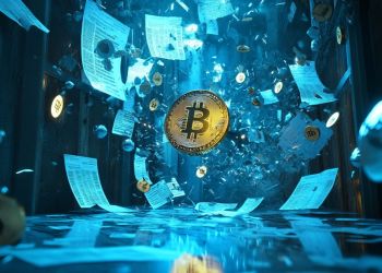 規制文書の壁を突き破る金色の仮想通貨コインと、背景に浮かぶホログラフィックなチャートやビットコイン、イーサリアムのロゴ。