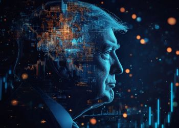 トランプ氏の横顔とソラナのロゴ、上昇する仮想通貨チャートを組み合わせたデジタルアート