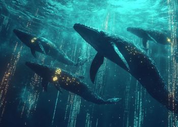 デジタルな海の中を泳ぐクジラとXRPのシンボルを組み合わせたアート的なビジュアライゼーション