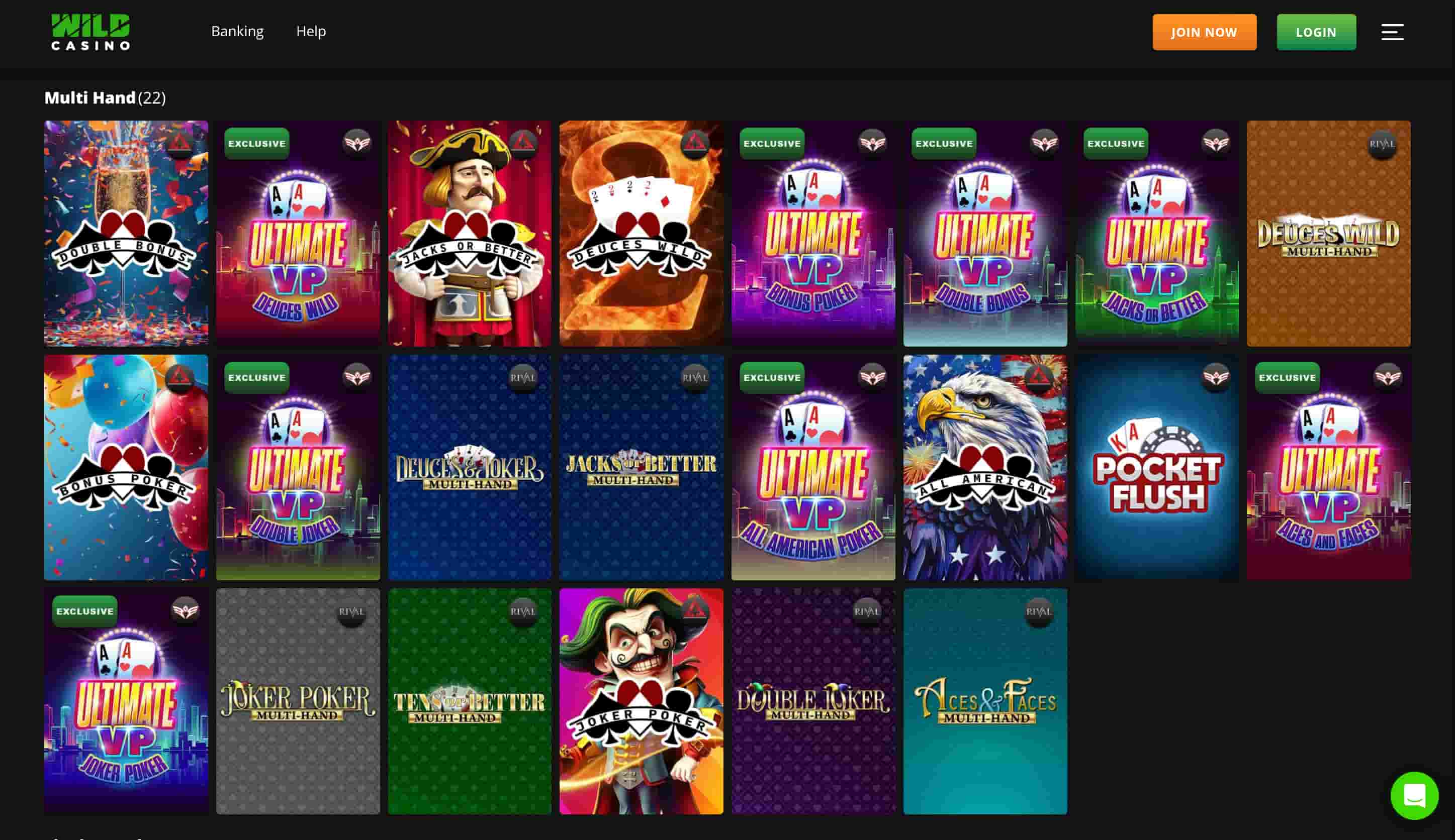 A snapshot of Wild Casino's video poker slots