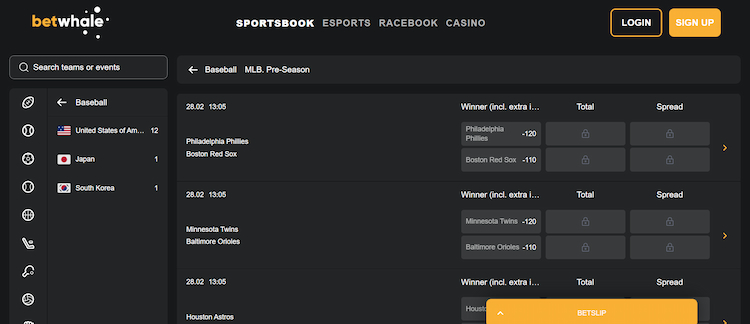 mlb betting sites BetWhale MLB odds