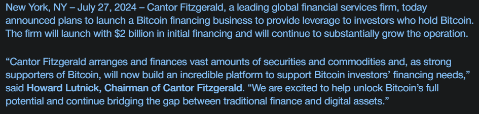 Lutnik's statement regarding his company's Bitcoin policy