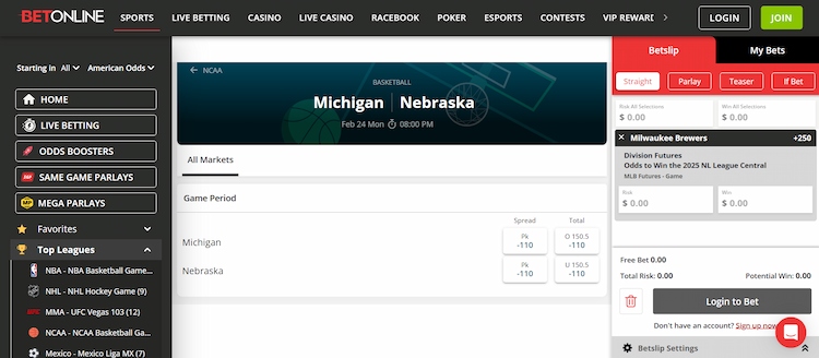 Nebraska sports betting NCAA BetOnline