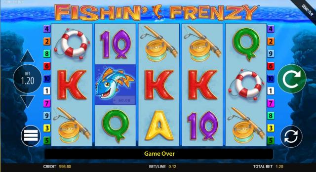 A screenshot from the Fishin' Frenzy slot by Blueprint Gaming.