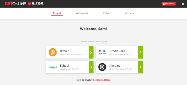 Select the deposit method BetOnline