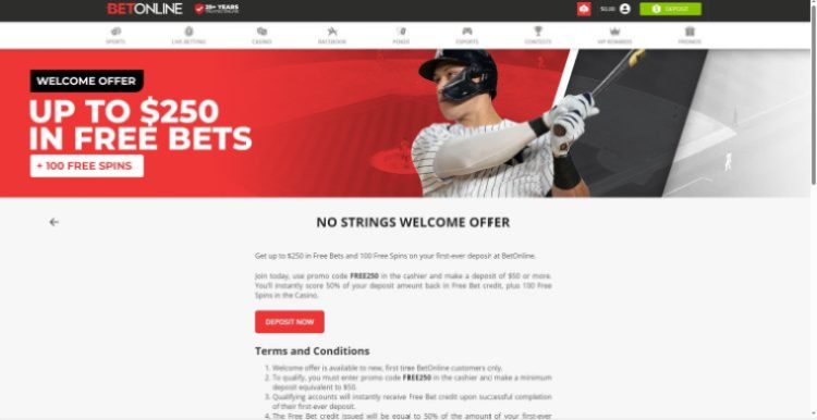 A screenshot of the BetOnline FL sportsbook welcome offer page