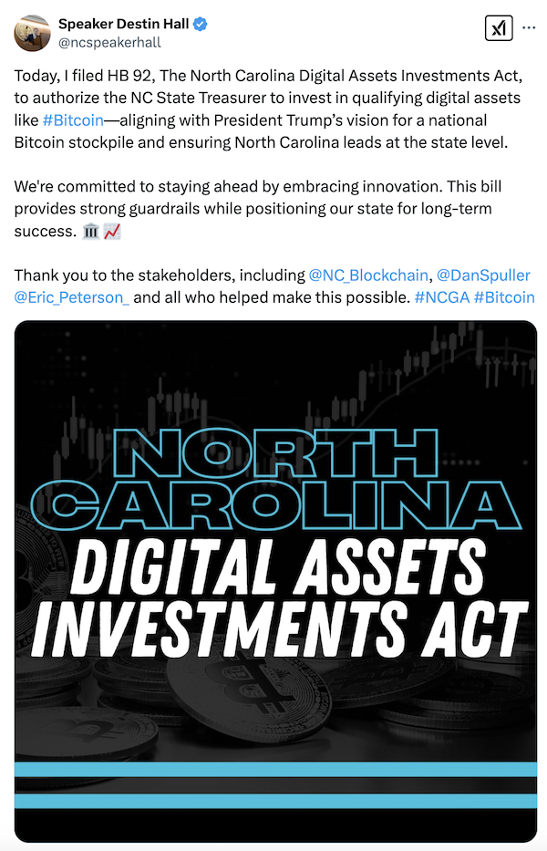 North Carolina's Destin Hall announces the US State's Bitcoin Bil