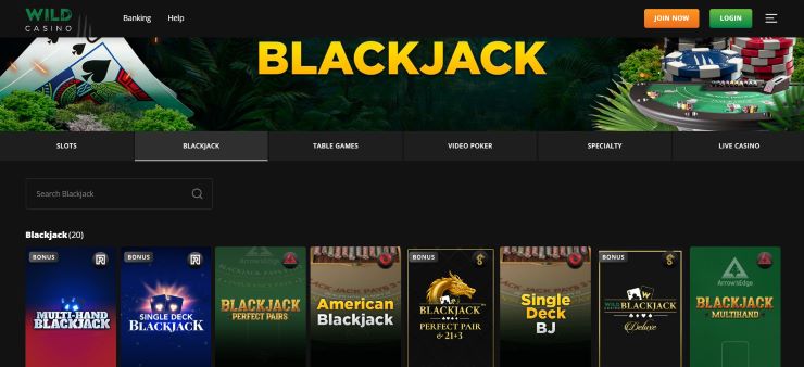 A selection of Wild Casino&rsquo;s Blackjack titles