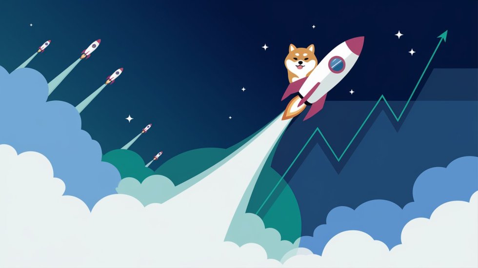 An illustrated chart with a rocket blasting off, carrying a Shiba Inu dog. The rocket is leaving a trail of smoke and stars. The background is a deep blue sky with fluffy white clouds. There are multiple smaller rockets shooting upwards. The chart has a green line with a steep upward trend, symbolizing the rocket and the Shiba Inu's journey.