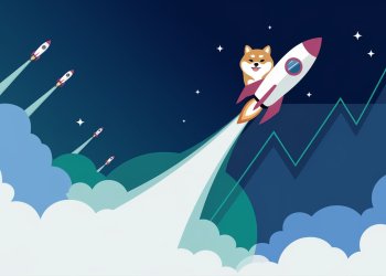 An illustrated chart with a rocket blasting off, carrying a Shiba Inu dog. The rocket is leaving a trail of smoke and stars. The background is a deep blue sky with fluffy white clouds. There are multiple smaller rockets shooting upwards. The chart has a green line with a steep upward trend, symbolizing the rocket and the Shiba Inu's journey.