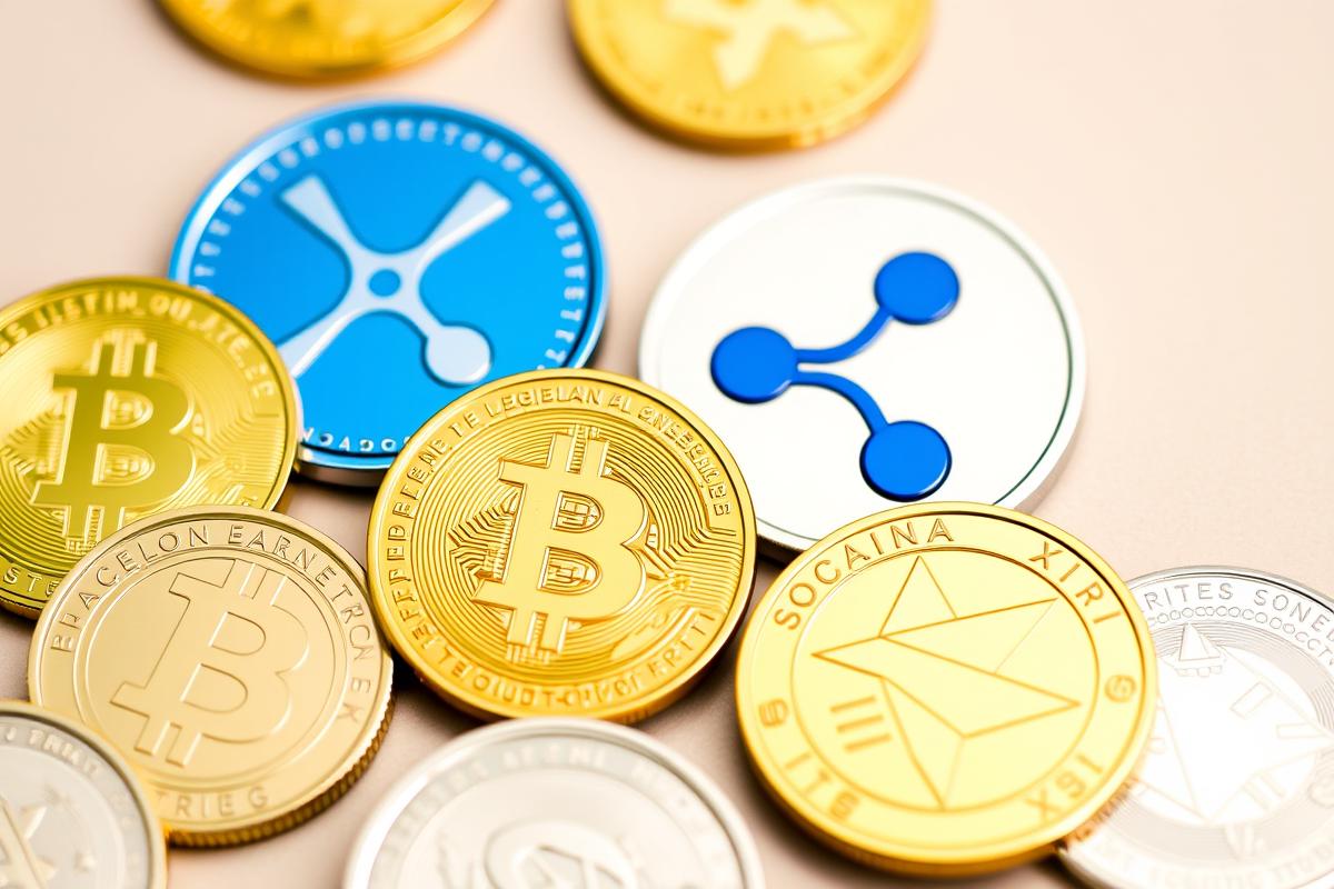 เหรียญคริปโตเคอร์เรนซี เช่น Bitcoin, Dogecoin, XRP และ Solana