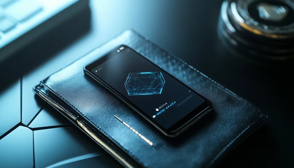 黒い光沢の机の上に置かれた仮想通貨ウォレット