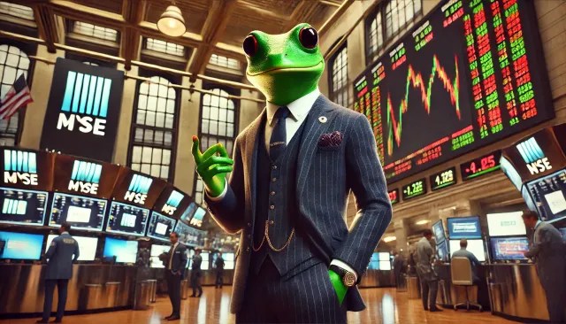 ضفدع يمثل عملة Meme Index يرتدي بدلة رسمية داخل قاعة تداول مع شاشات تعرض مؤشرات السوق