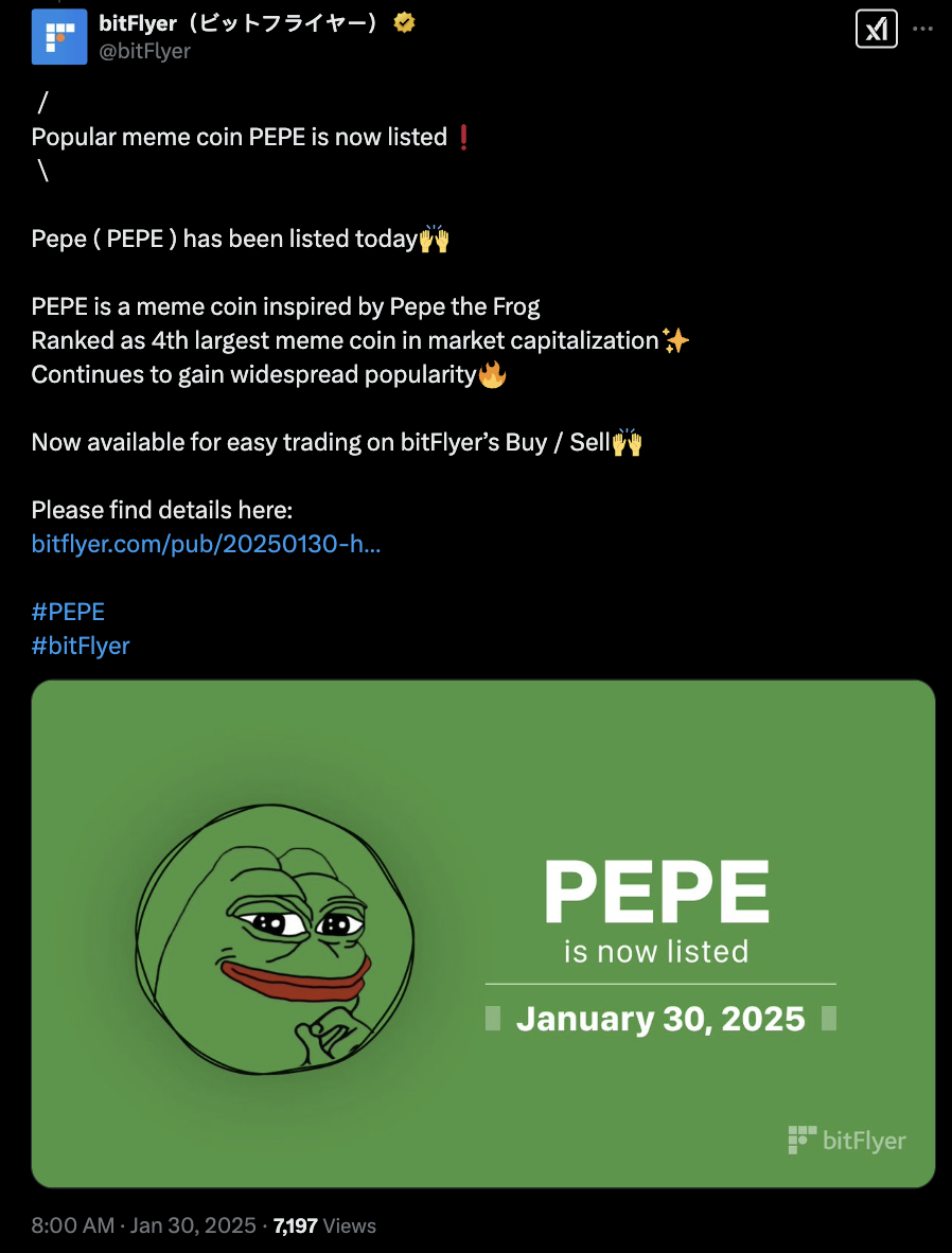 BitFlyer post on X - $PEPE Listing.