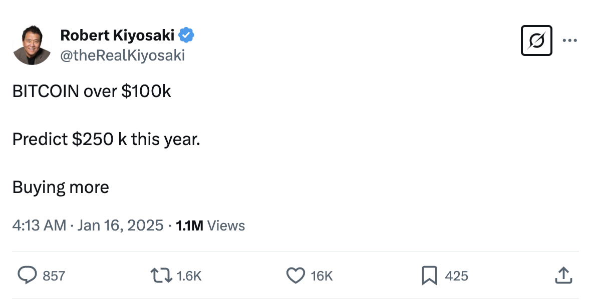 Robert Kiyosaki predicts the Bitcoin price will reach $250K this year