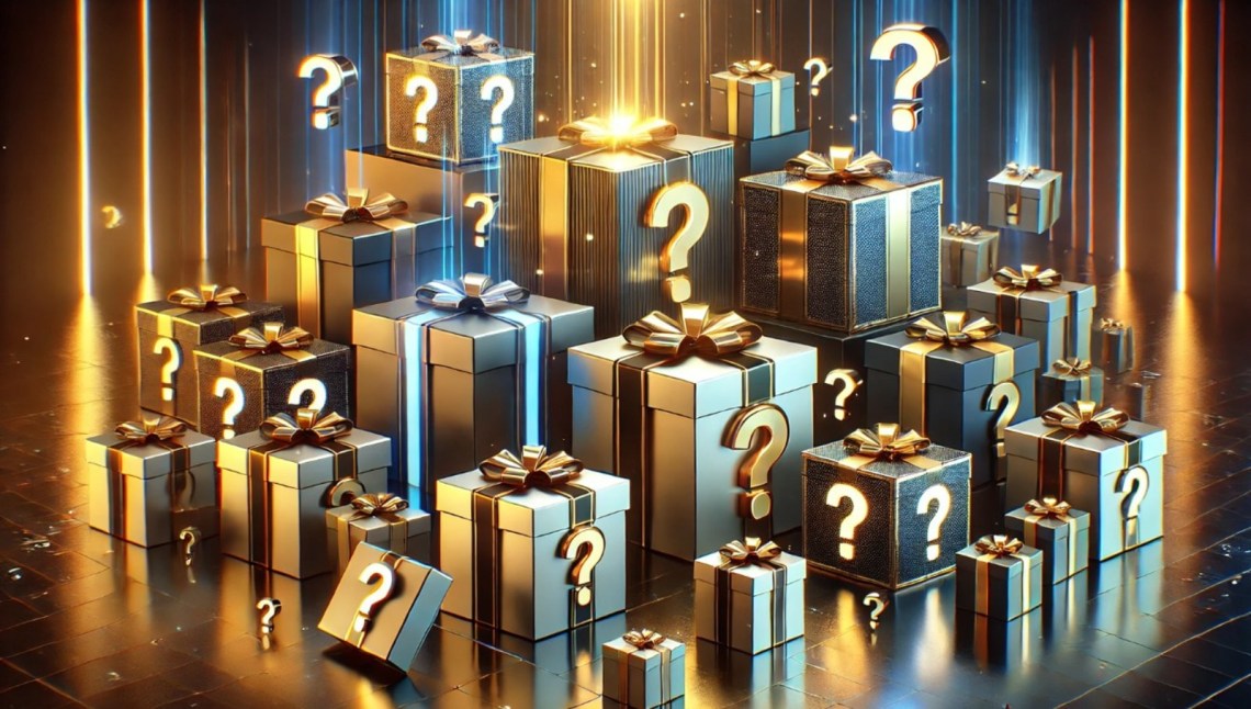 Imagem de uma coleção de presentes decorados com laços e interrogações, criando um mistério sobre seu conteúdo, ideal para temas de presente.