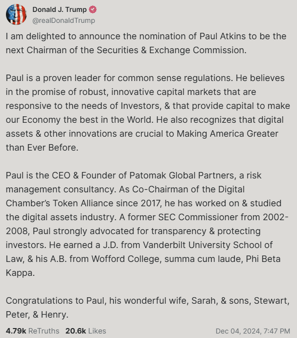 Donald Trump’s post on TruthSocial