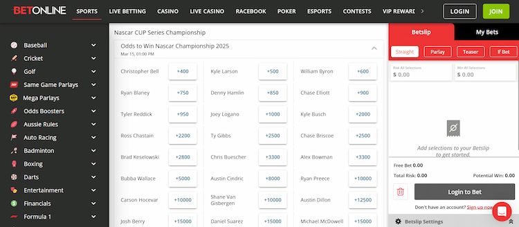 NASCAR betting sites NASCAR odds BetOnline