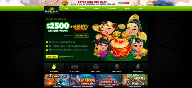 A snapshot of Raging Bull casino's home page A snapshot of Raging Bull casino's home page