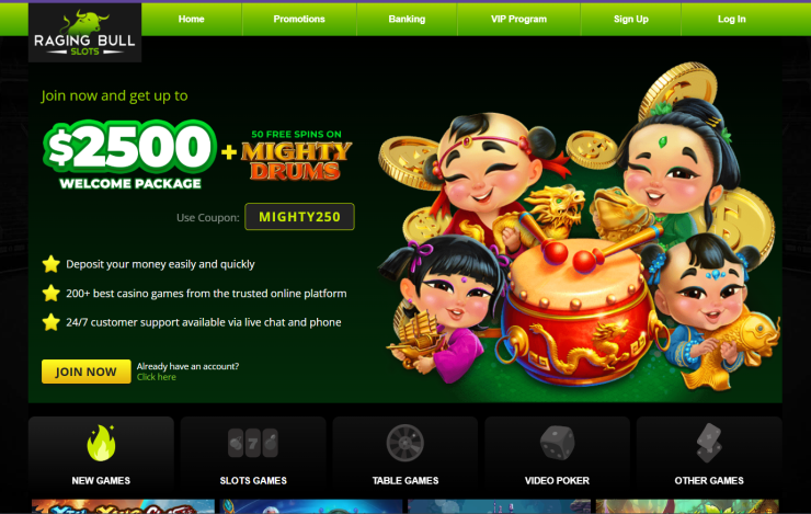 A view of the Raging Bull Casino home page A view of the Raging Bull Casino home page