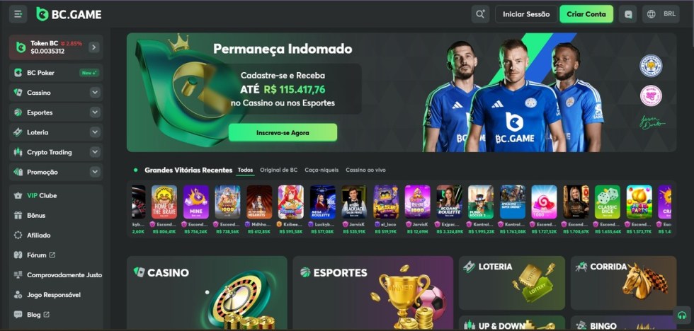 Imagem do site BC.GAME que destaca promoções em jogos de cassino e esportes, com informações sobre cadastro e bônus. Plataforma popular para apostas.
