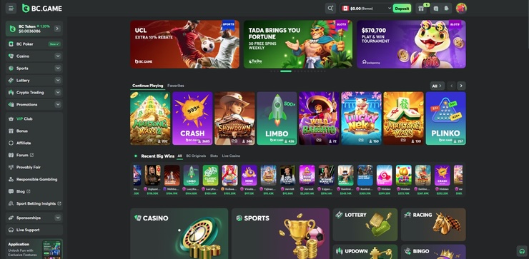 A snapshot of BC Game, one of the top Dogecoin Casinos of 2025