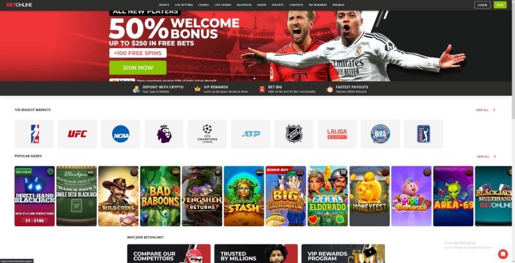 betonline frontpage with popular games