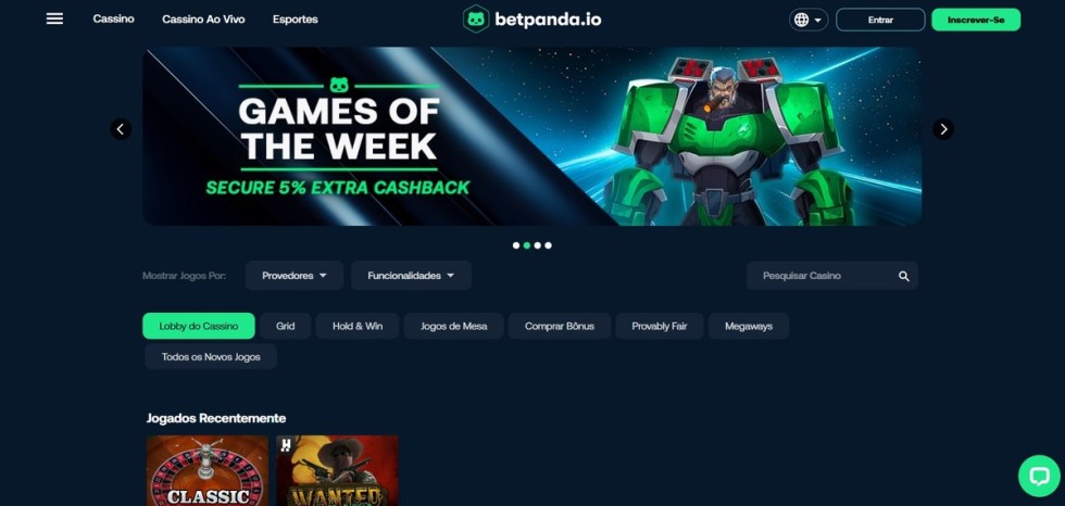 Tela inicial do site BetPanda com destaque para os jogos da semana e um robô em destaque. Oferece cashback e várias opções de jogos.