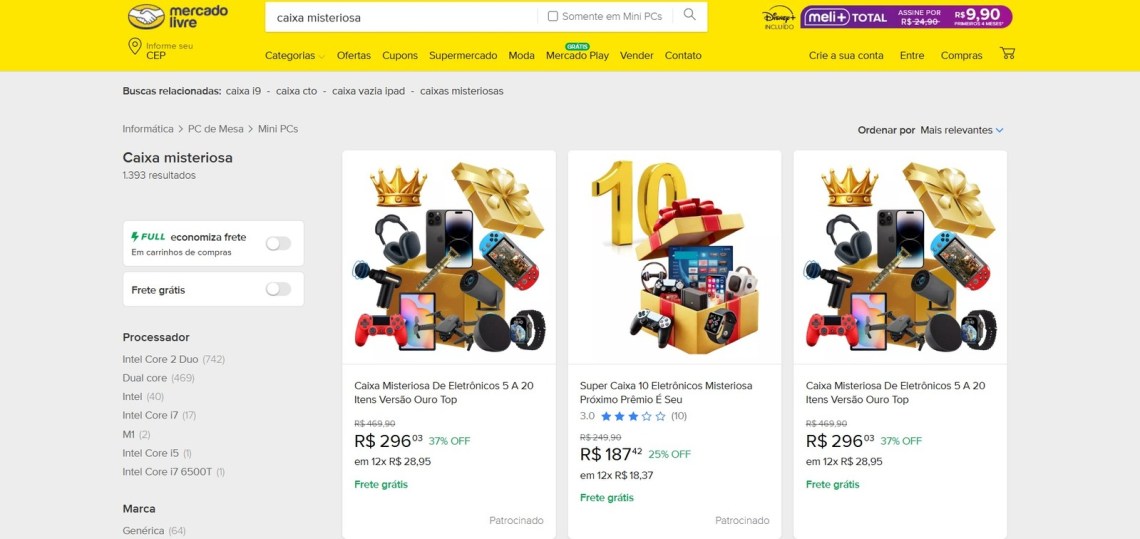 Imagem de uma página do Mercado Livre com produtos da Caixa Misteriosa, apresentando eletrônicos e acessórios diversos ao melhor preço.